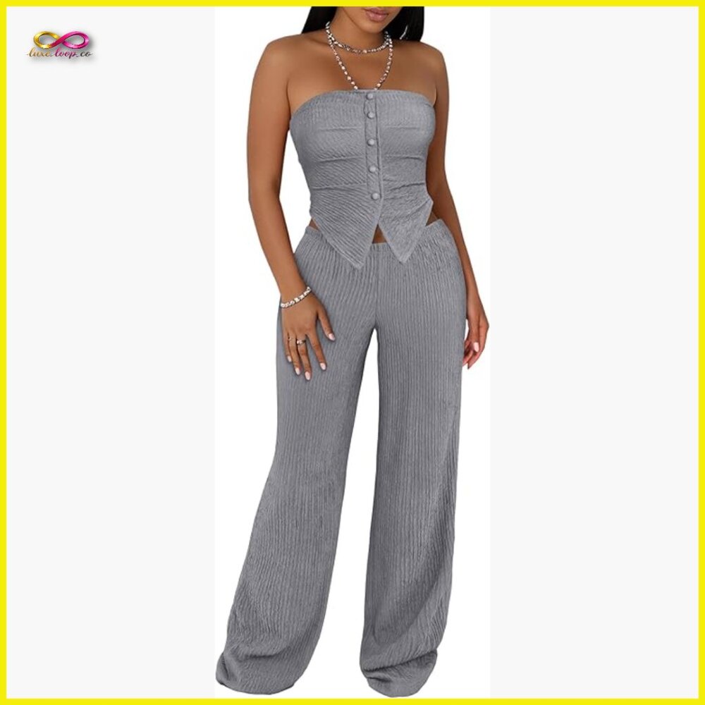 Sexy Textured Tube Top High Waist Wide Leg Pant Set Y2k Chic